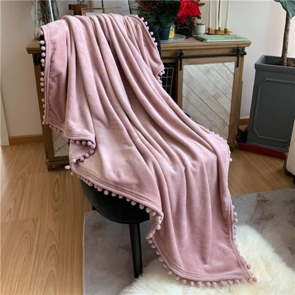 Flannel Blanket with Pompom Fringe Lightweight Cozy BedBlanket SoftThrow Blanket - Picture 1 of 6